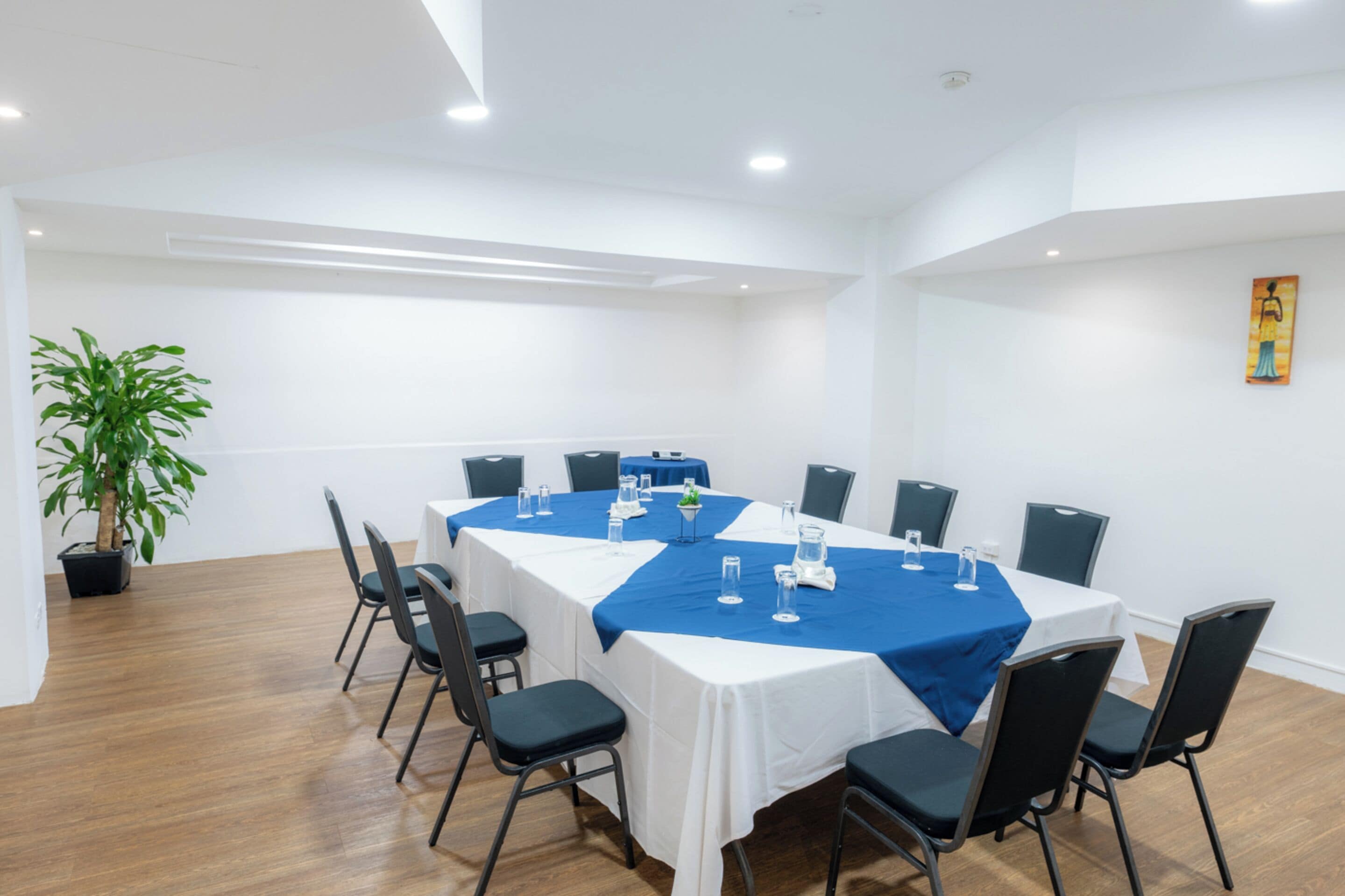 A conference room with a long table, chairs, and a potted plant.