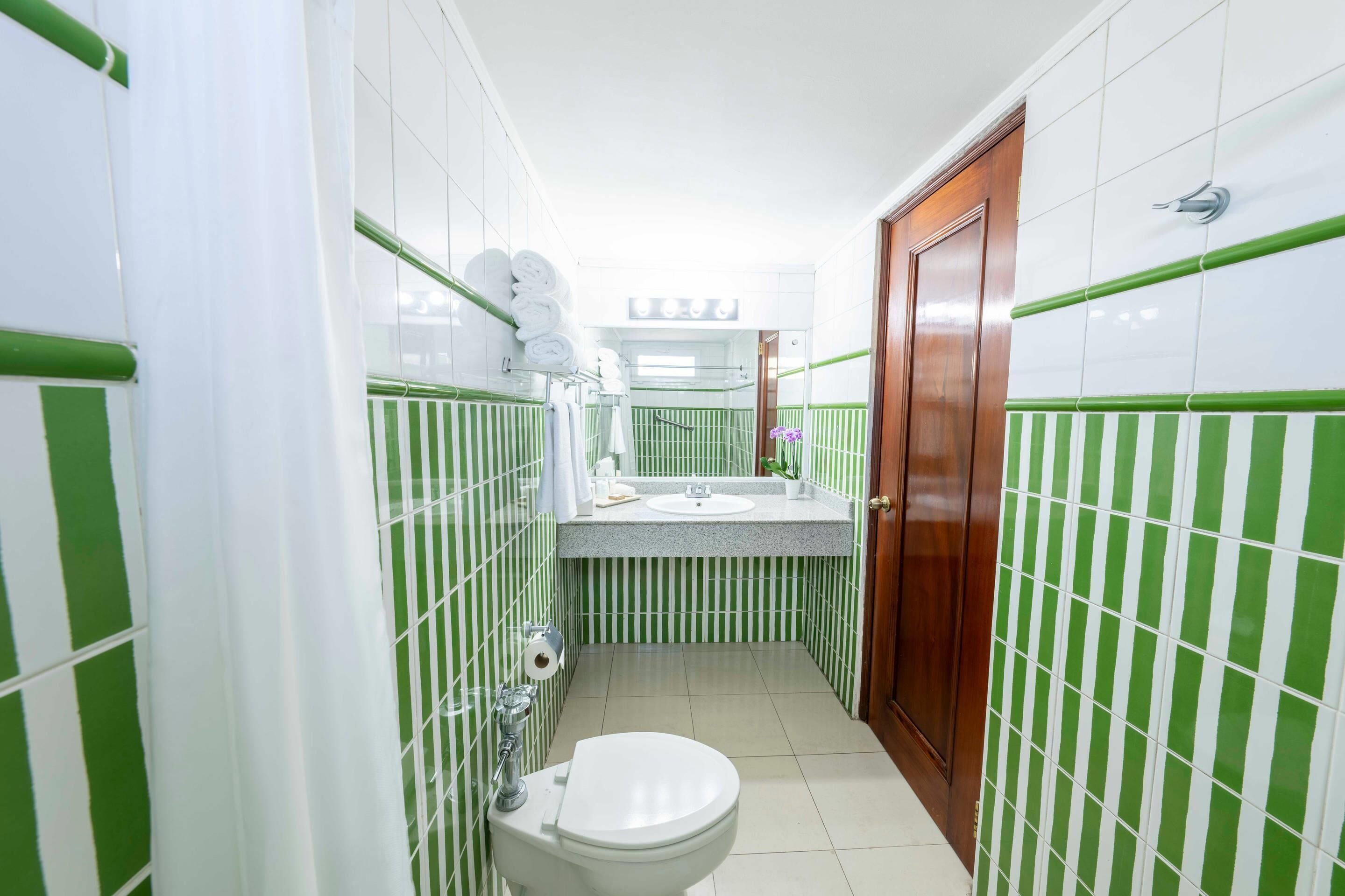 A narrow bathroom with green and white striped tiles, a white toilet, a sink with a mirror, and a wooden door.