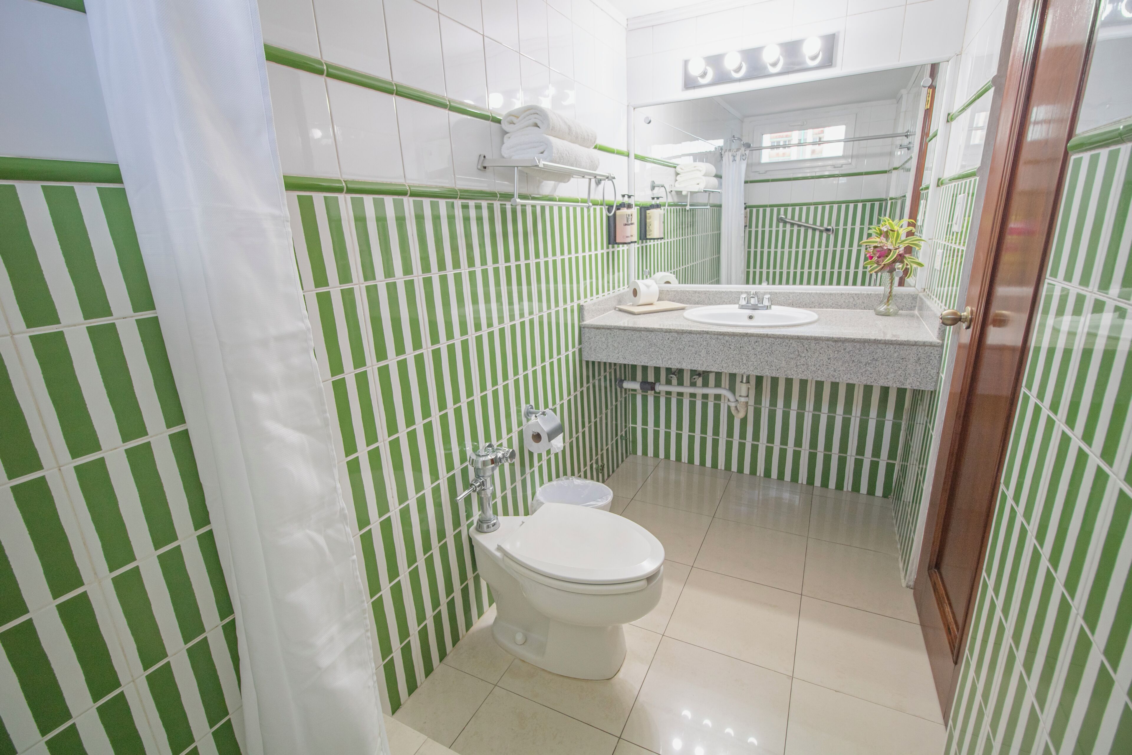 Un baño con azulejos verde a rayas, un inodoro blanco, un lavabo y un espejo.