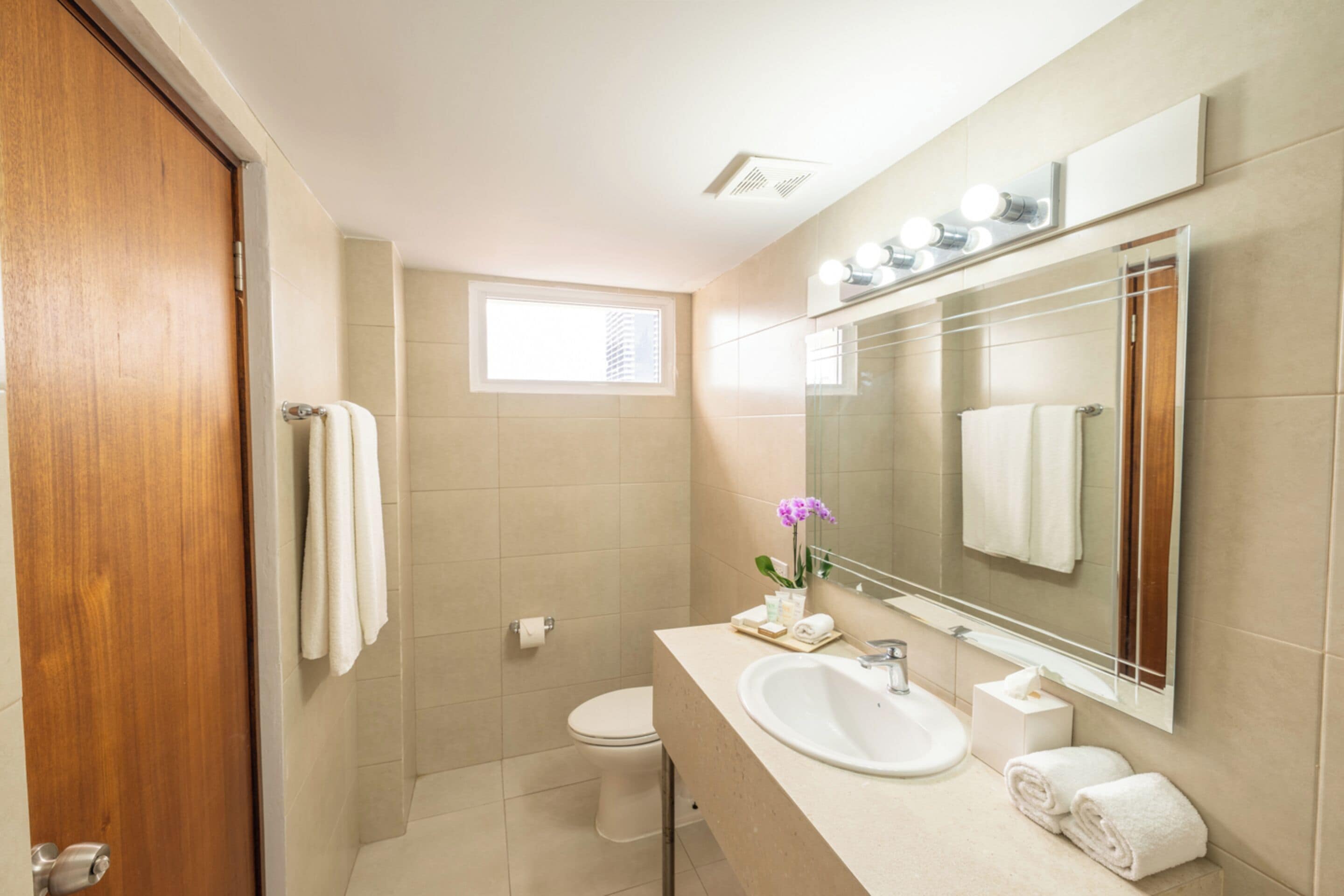 Un baño con puerta de madera, inodoro, lavabo con espejo y ventana.