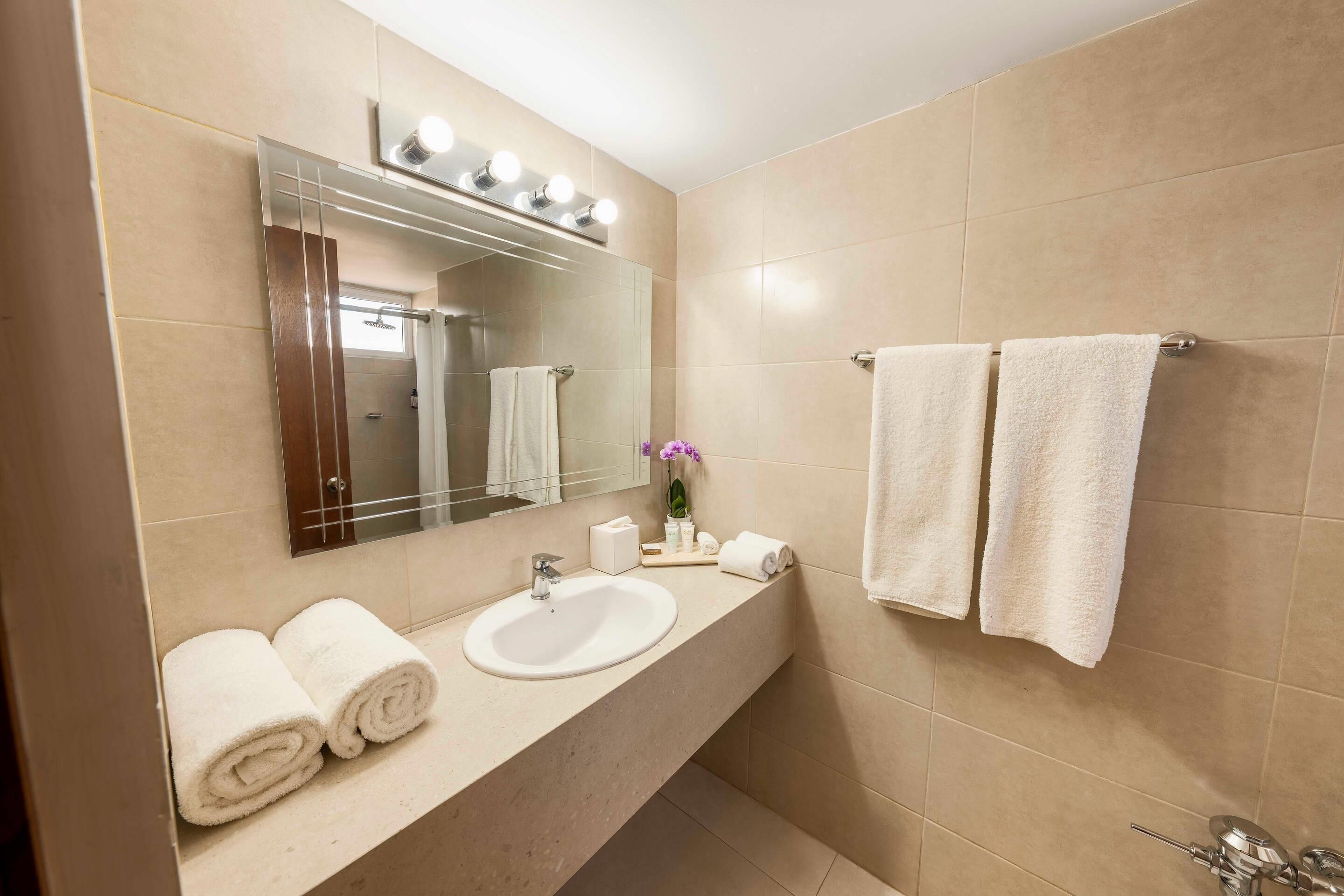 Un baño con lavamanos, espejo, toallero y zona de ducha.