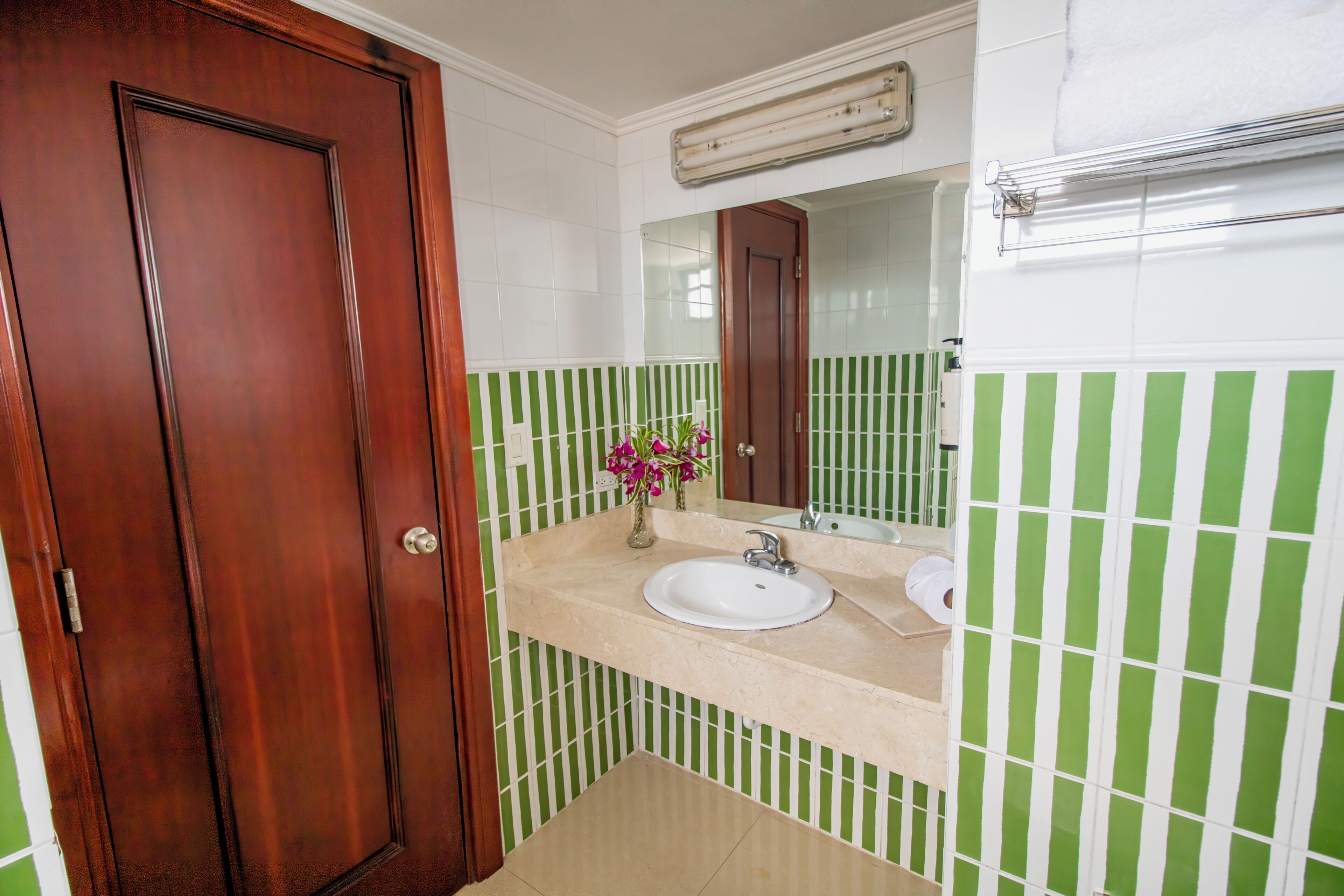 A bathroom with a wooden door, a sink, a mirror, and green-striped tiles.