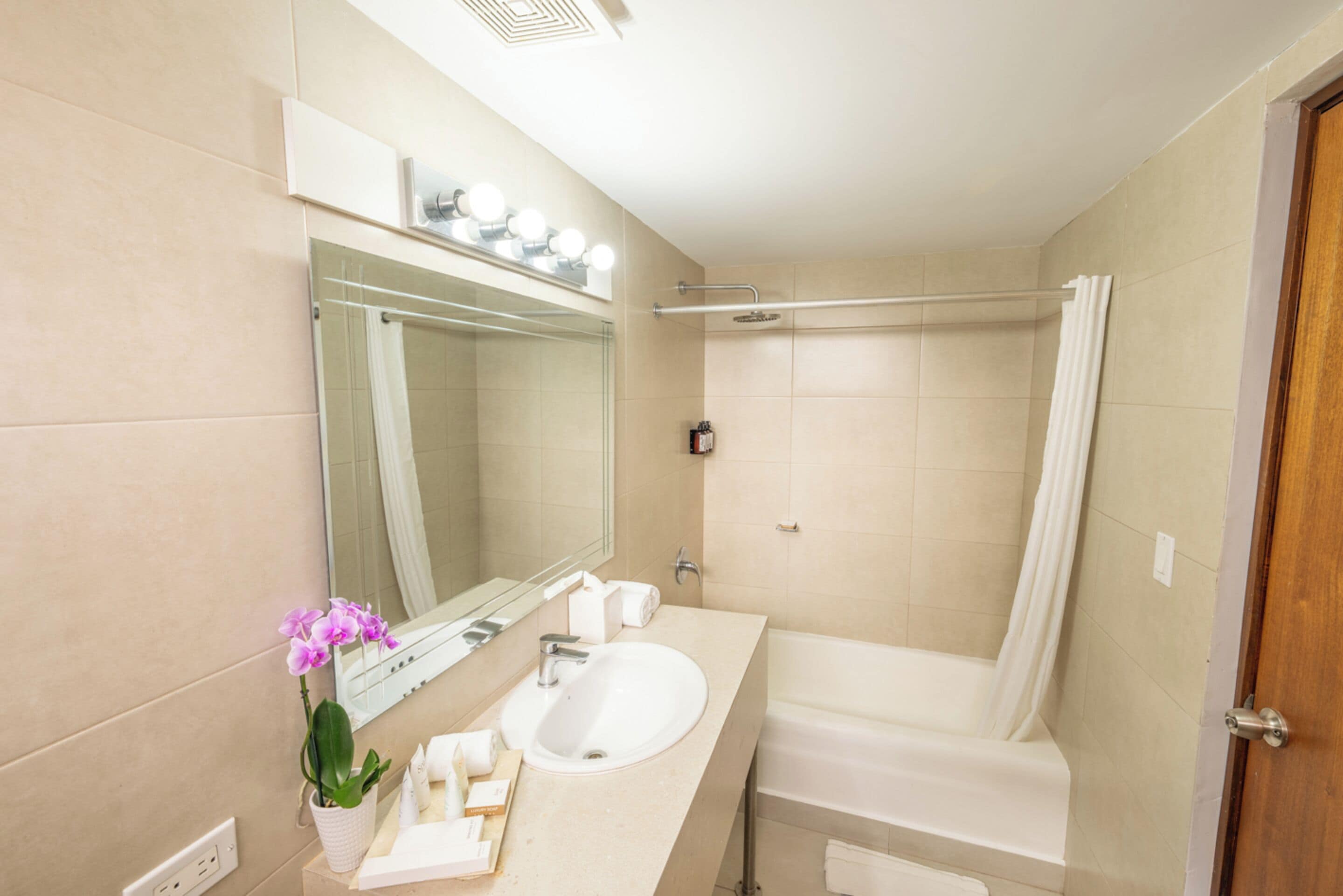 A bathroom with a sink, mirror, and shower.
