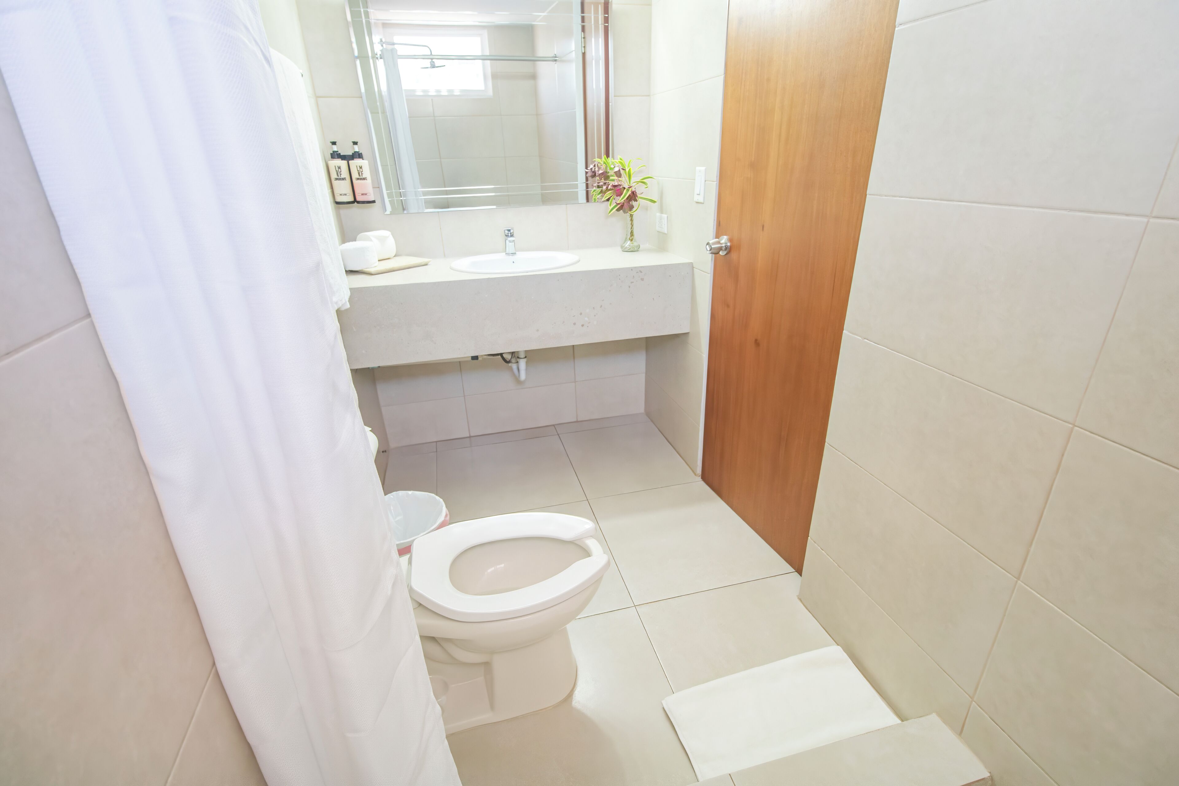 A bathroom with a toilet, sink, mirror, and a wooden door.