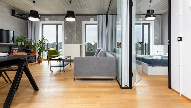 A modern living room with a sofa, a dining table, and a TV. There are potted plants and a chair. The room has large windows and a balcony.