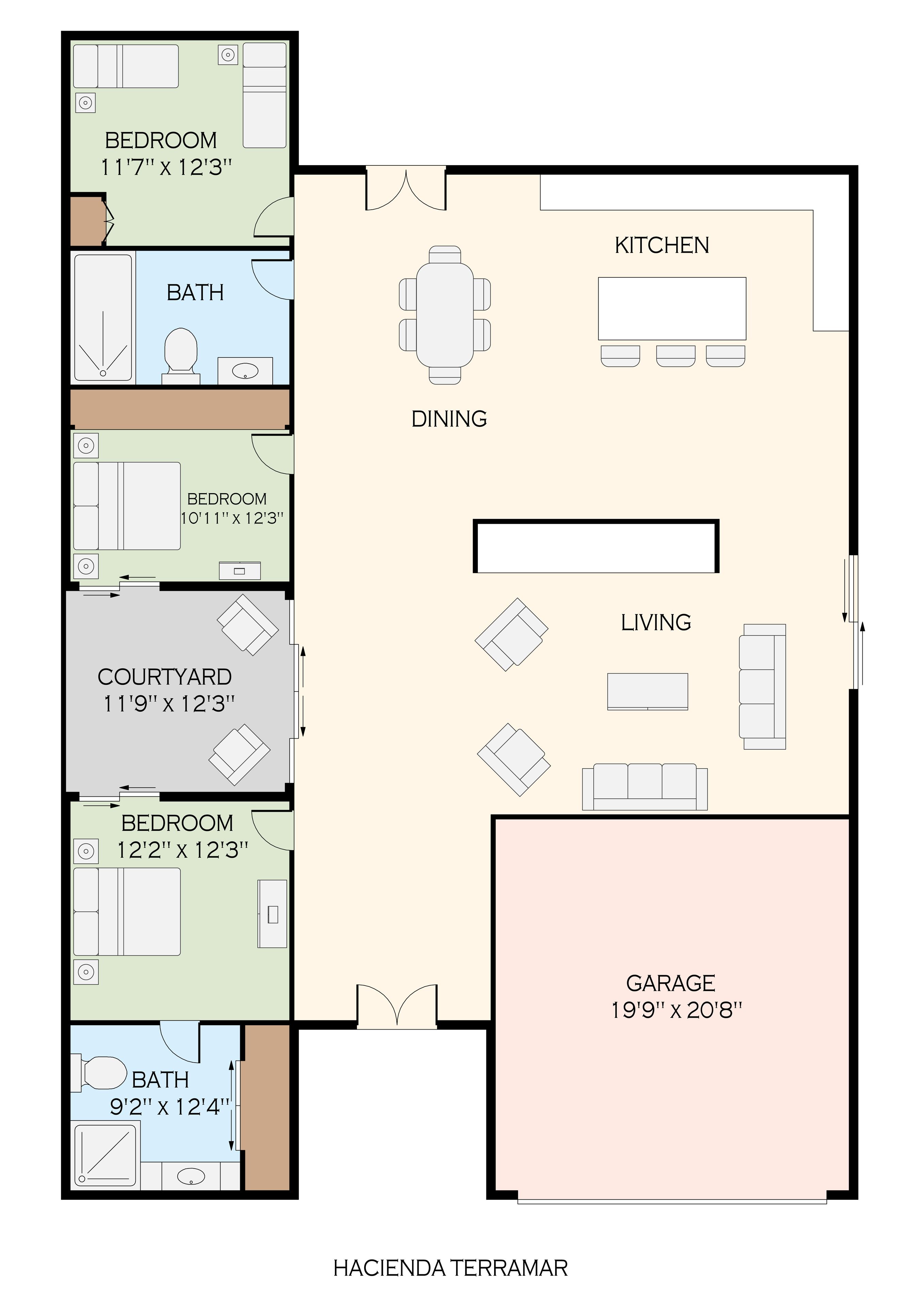 A floor plan with two bedrooms, a bathroom, a dining area, a kitchen, a living room, a courtyard, and a garage.