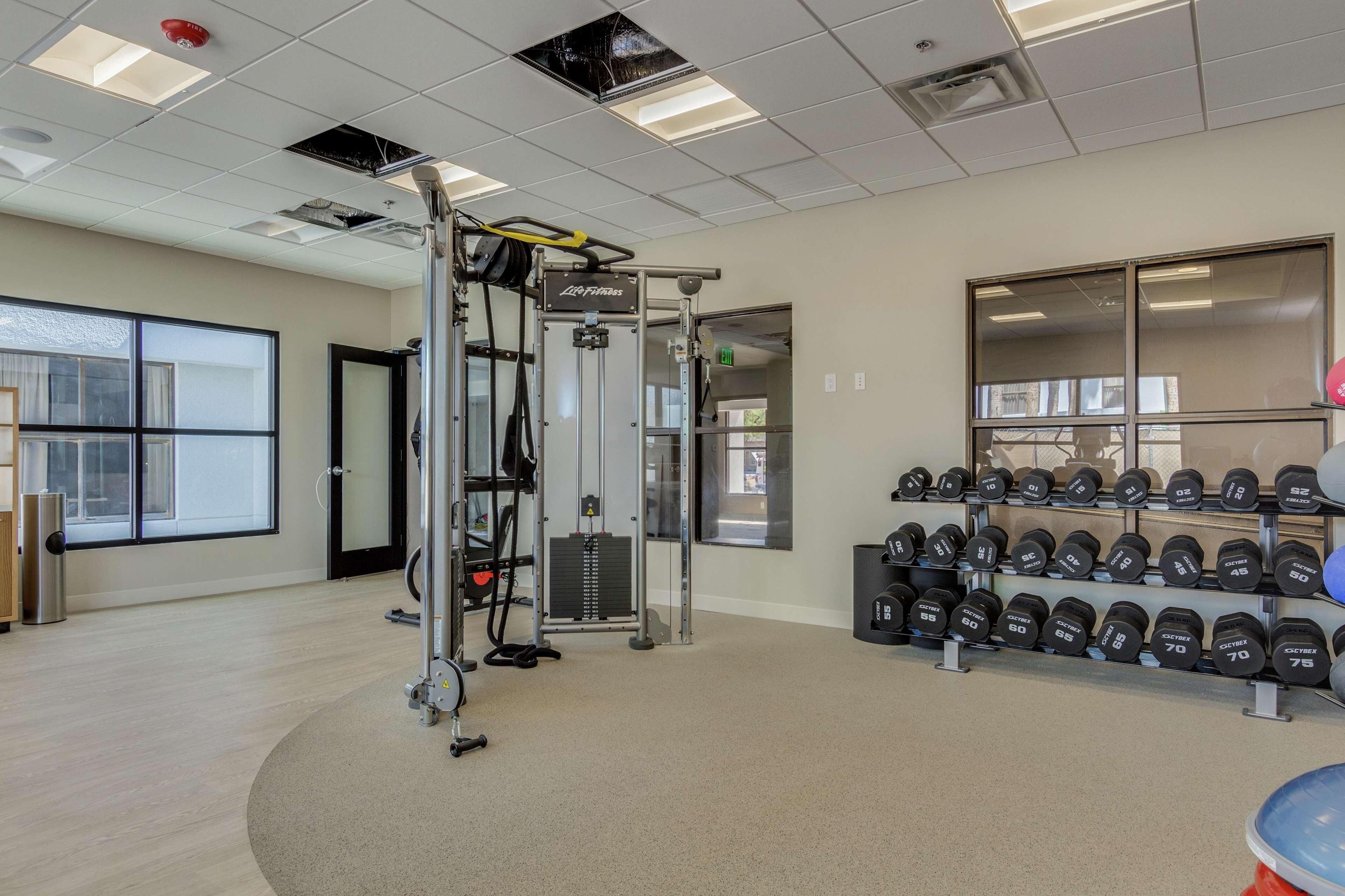 Un gimnasio con equipamiento para levantamiento de pesas, mancuernas y una barra de dominadas.
