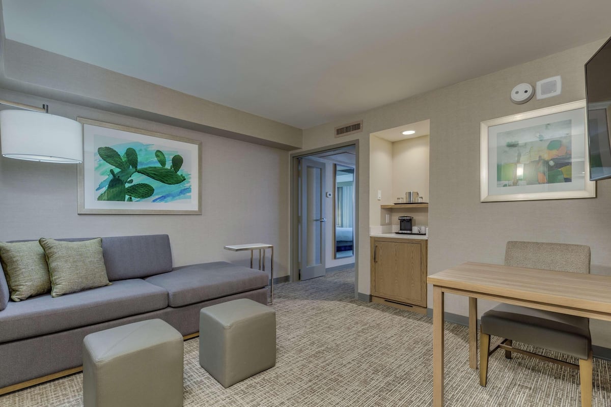 Una habitación de hotel moderna con un sofá gris, una mesita, un armario y obras de arte en las paredes.