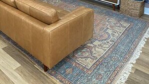A living room with a brown leather sofa, a flat-screen TV on a white and brown console, a large potted plant, and a patterned rug.