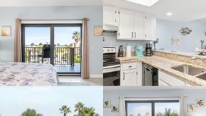 Una habitación de hotel con balcón, una cocina con muebles blancos y vistas a palmeras.