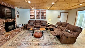 Smart TV, fireplace, video games, DVD player