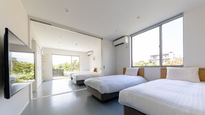 A modern hotel room with two beds, a large window, and a flat-screen TV. - Frame View Mt.Fuji Villa West (Fujikawaguchiko)