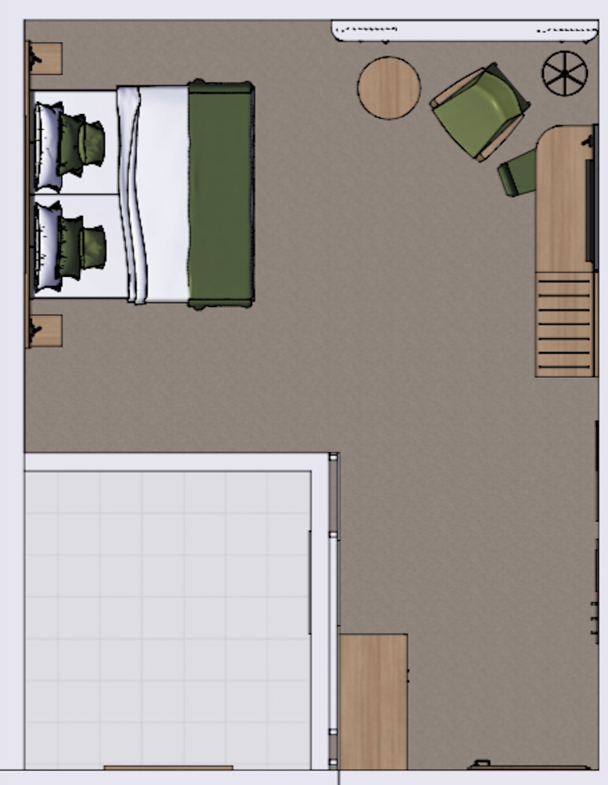 A top-down view of a hotel room with a bed, a desk, a chair, a round table, and a wardrobe.