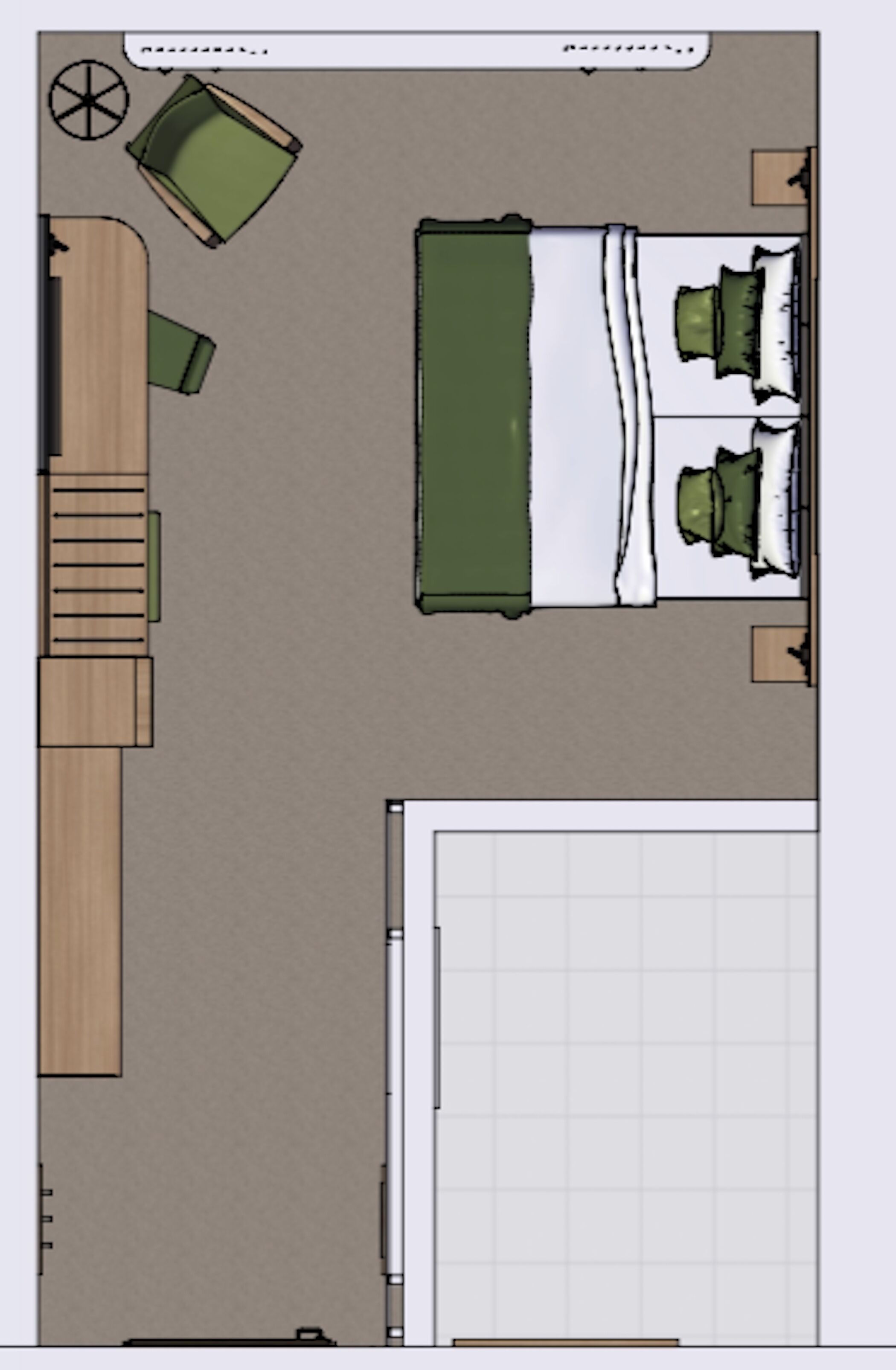 A top-down view of a hotel room with a bed, a desk, a chair, and a small table.