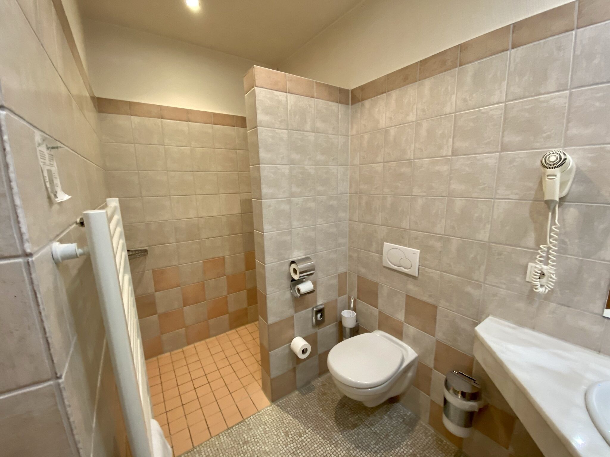 Ein Badezimmer mit Toilette, Bidet, Handtuchhalter und einem an der Wand befestigten Föhn.