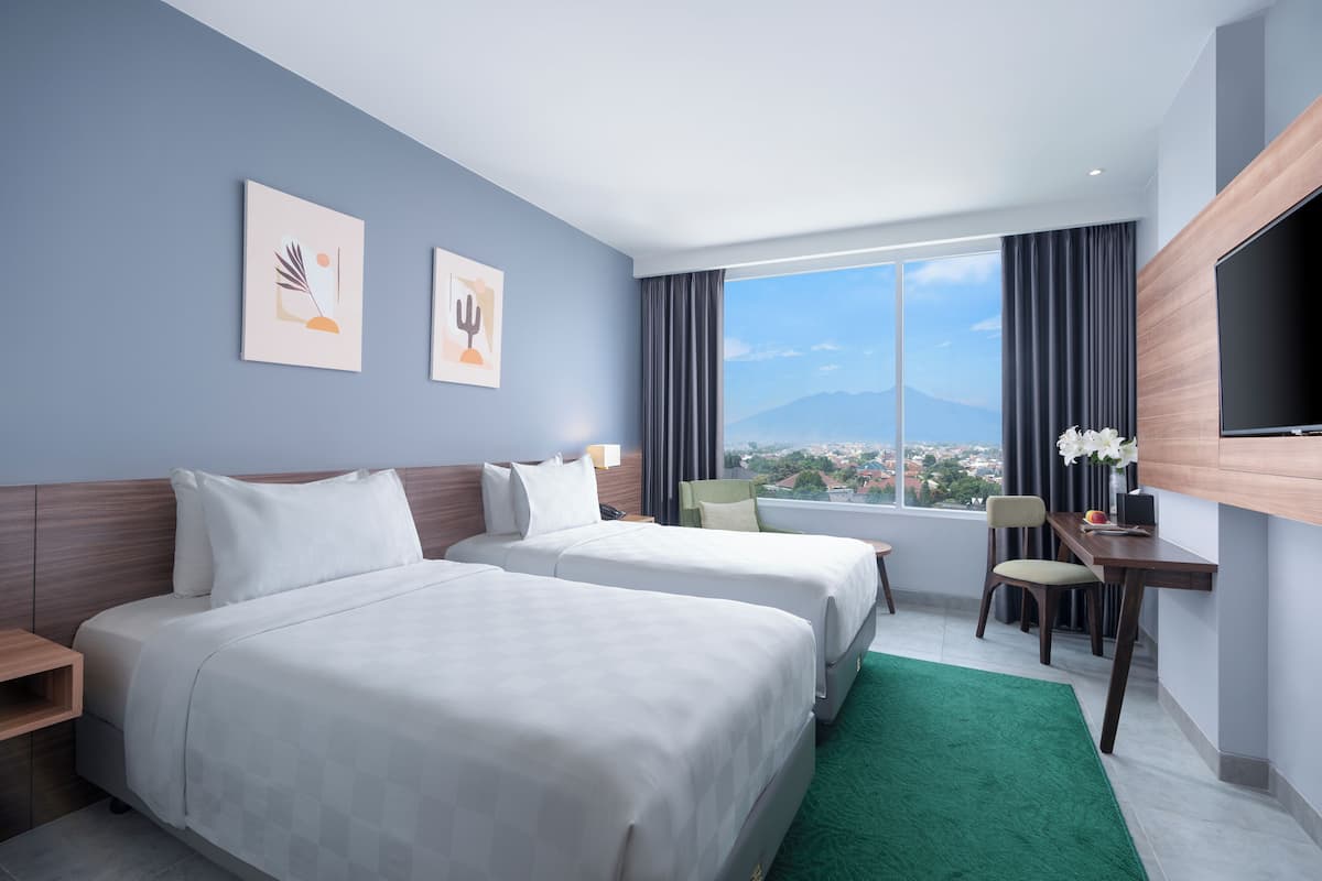 A hotel room with two beds, a desk, a chair, a TV, and a window with a city view.