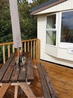 Um deck de madeira com uma mesa para piquenique, uma garrafa de champanhe e duas taças.