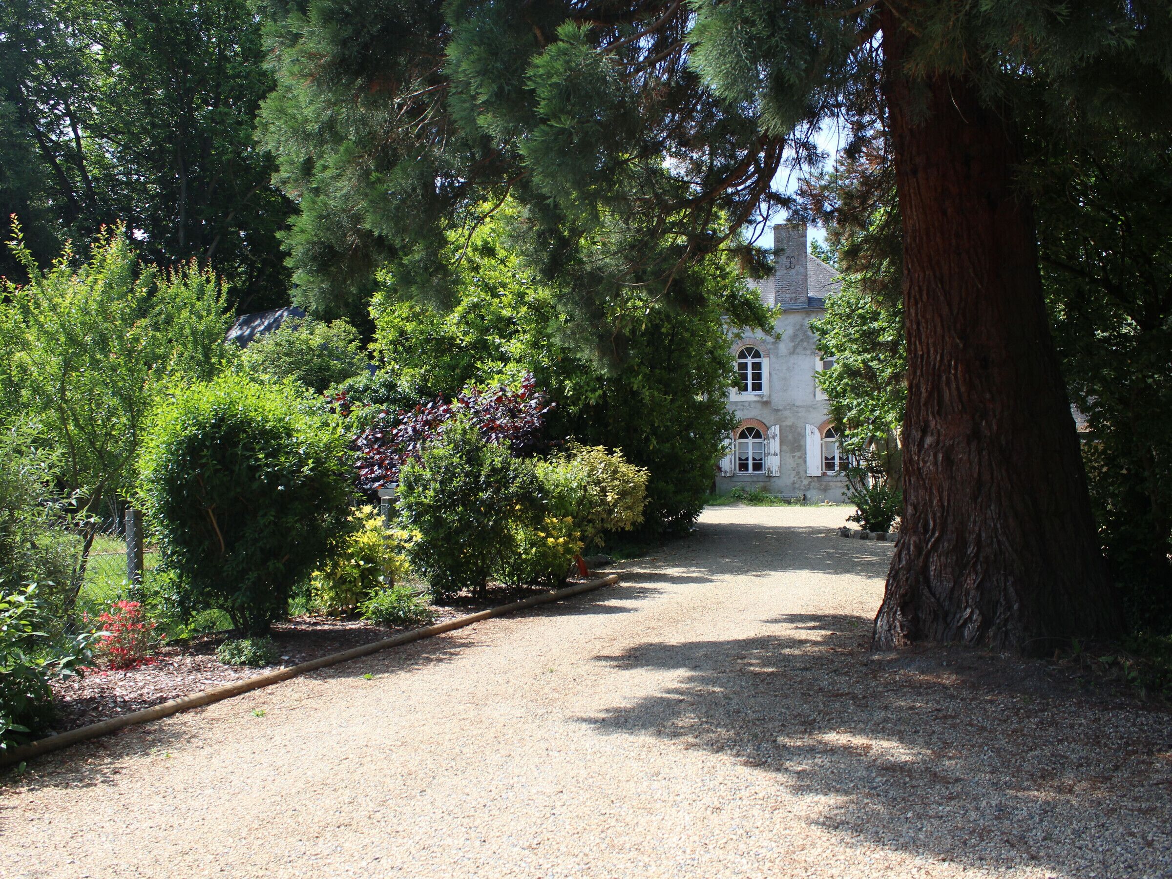 A gravel path leading to a stone building surrounded by dense trees and shrubs.
