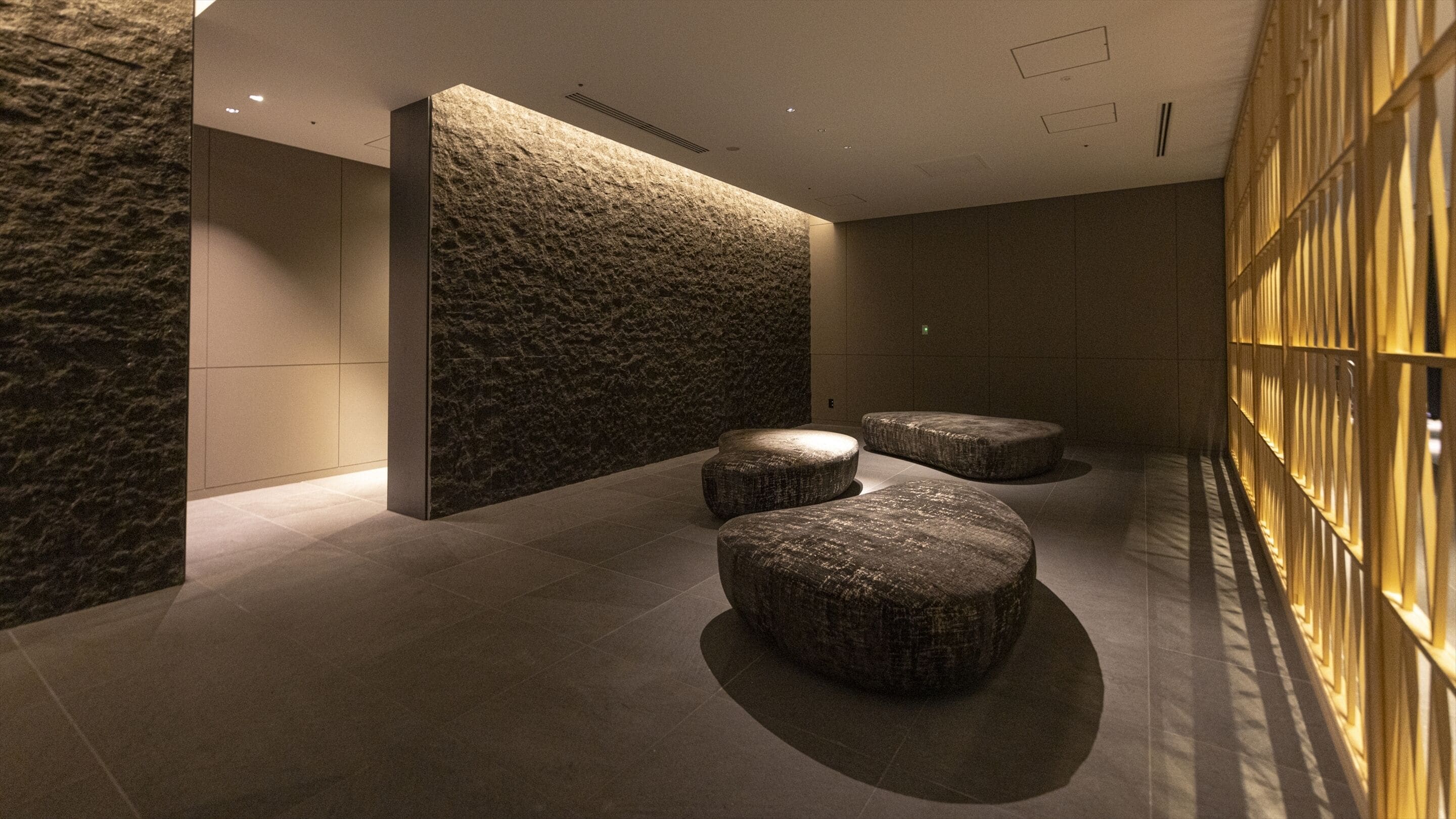 Un interior moderno con una pared de piedra, una zona de estar con tres bancos de piedra y un revestimiento de pared con diseño a la derecha.