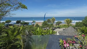 Vista de una playa con palmeras y cielo despejado.