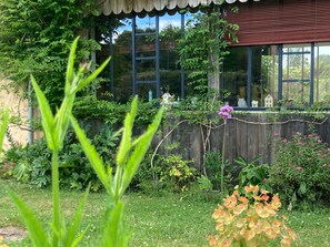 Escape to a serene garden oasis with lush greenery and vibrant flowers.