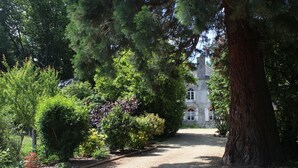 A gravel path leading to a stone building with arched windows, surrounded by dense greenery and trees.