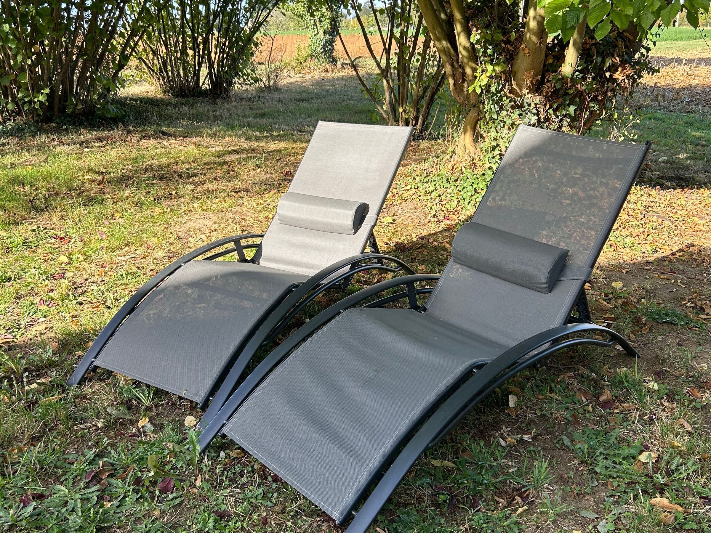 Deux fauteuils de jardin, avec une structure en métal et un assise en tissu, sont placés sur une pelouse, avec des arbres en arrière-plan.