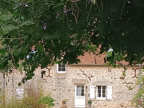 A stone building with multiple windows and a door, surrounded by greenery.