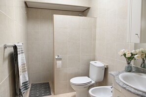 Douche, séchoir à cheveux, serviettes fournies