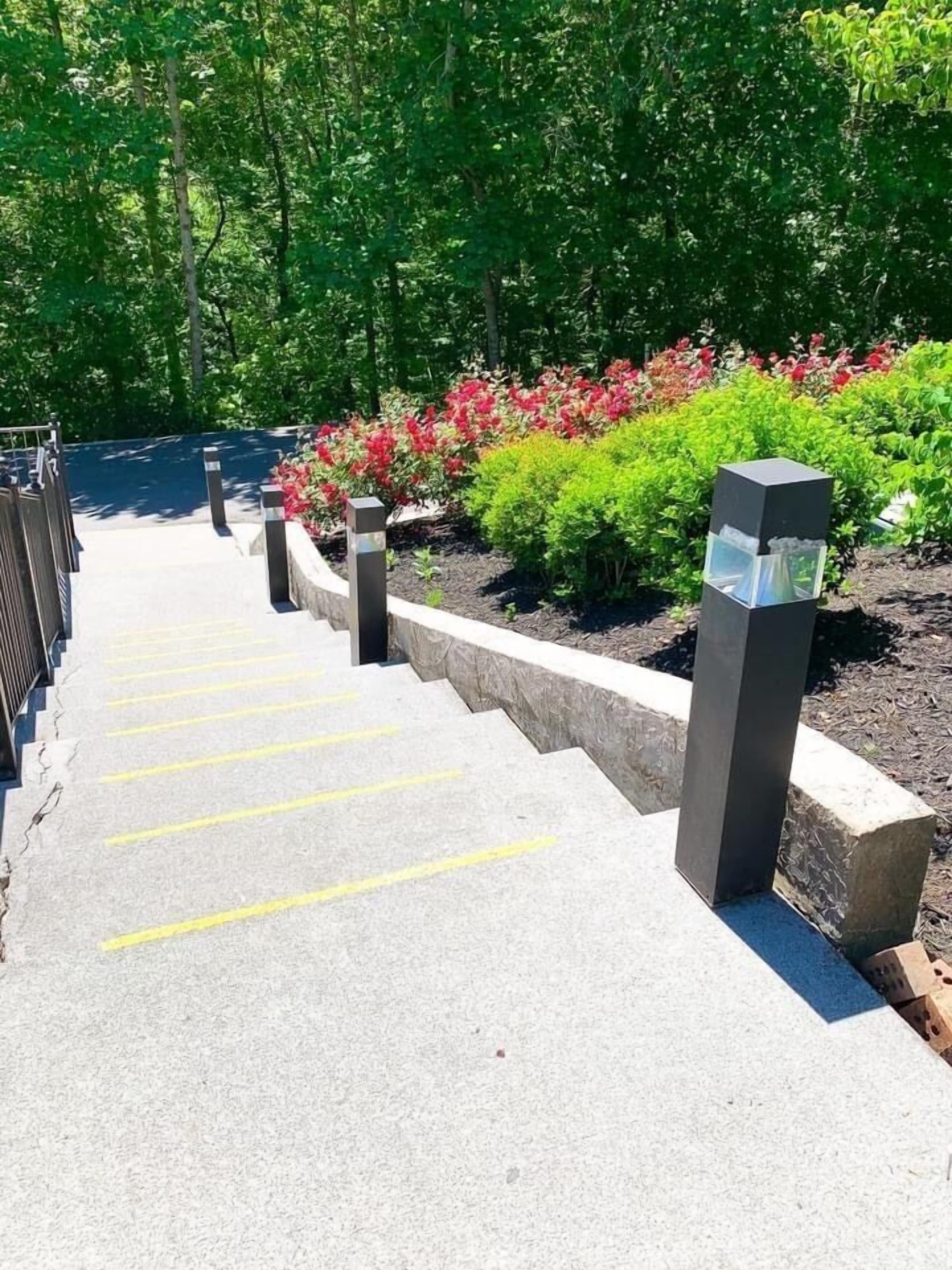 A set of outdoor stairs leading to a building, surrounded by greenery and flower beds.