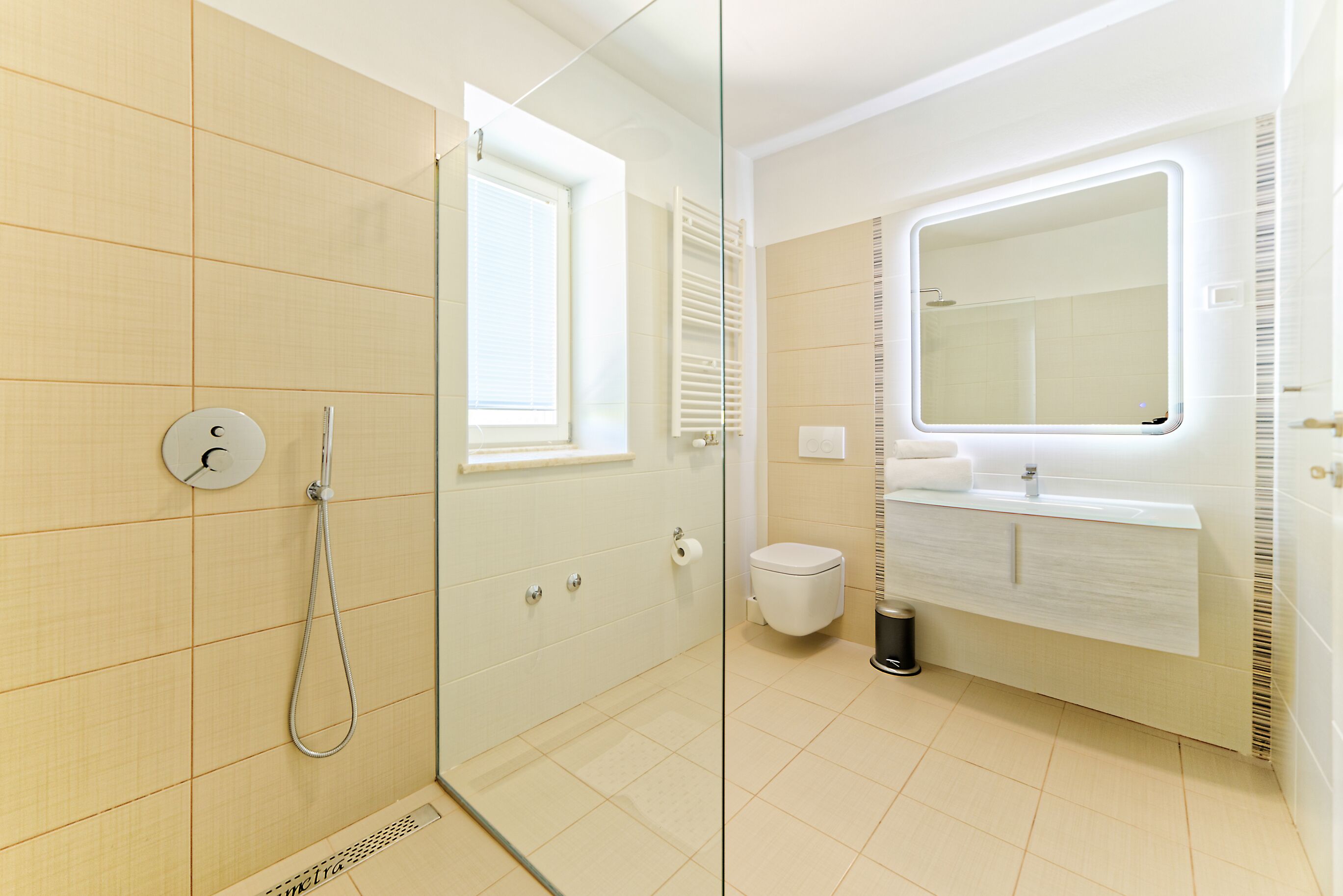 A modern bathroom with a glass shower enclosure, a toilet, and a sink with a mirror.