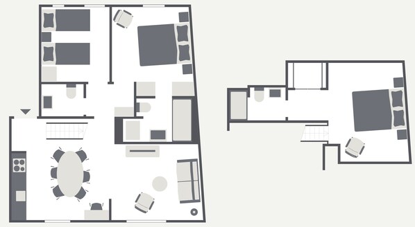 A floor plan of a hotel with a central dining area, multiple bedrooms, a kitchen, and a bathroom. - EMA House Serviced Apartments Unterstrass (Zürich)