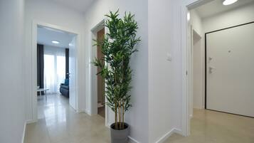 Un couloir avec une plante en pot, des murs blancs et une porte fermée.