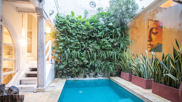 A swimming pool with a tiled edge, surrounded by potted plants and a mural on the wall. - 7 Bedroom Beautiful Mansion in the Old City (Cartagena)