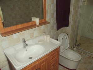 Regadera, toallas, papel de baño 