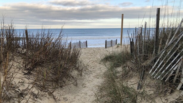 A sandy beach path leading to the sea, surrounded by vegetation and wooden posts. - The Pirates' 2 Bedroom Cottage by RedAwning (Kitty Hawk)