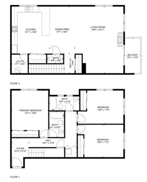 Un plan d’étage d’une maison à deux étages comprenant une cuisine, un coin repas, un salon, un balcon, une buanderie, une chambre principale, une chambre secondaire, un couloir et un hall d’entrée.