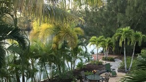 Un espace aménagé au bord de la piscine, avec des chaises longues, une table et des chaises, entouré de palmiers et offrant une vue sur l’eau.