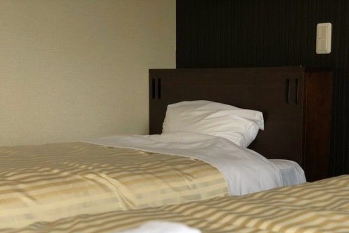 Una habitación de hotel con dos camas, cada una con una colcha estampada y almohadas blancas.