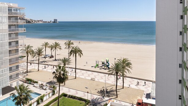 A beachfront hotel with a pool, palm trees, and a view of the sea. - MONTEMAR, C-8º-22 (Cullera)