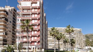 A multi-story hotel with balconies, palm trees, and a clear blue sky. - EL RACO, C-8º-16 (Cullera)