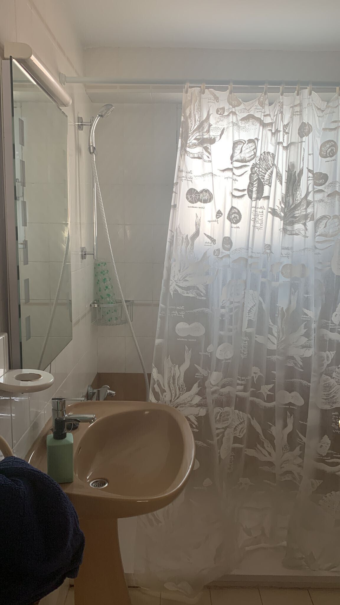 A bathroom with a shower, a sink, and a mirror.