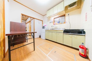 Fridge, microwave, cookware/dishes/utensils