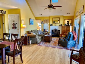 TV, fireplace, books, stereo