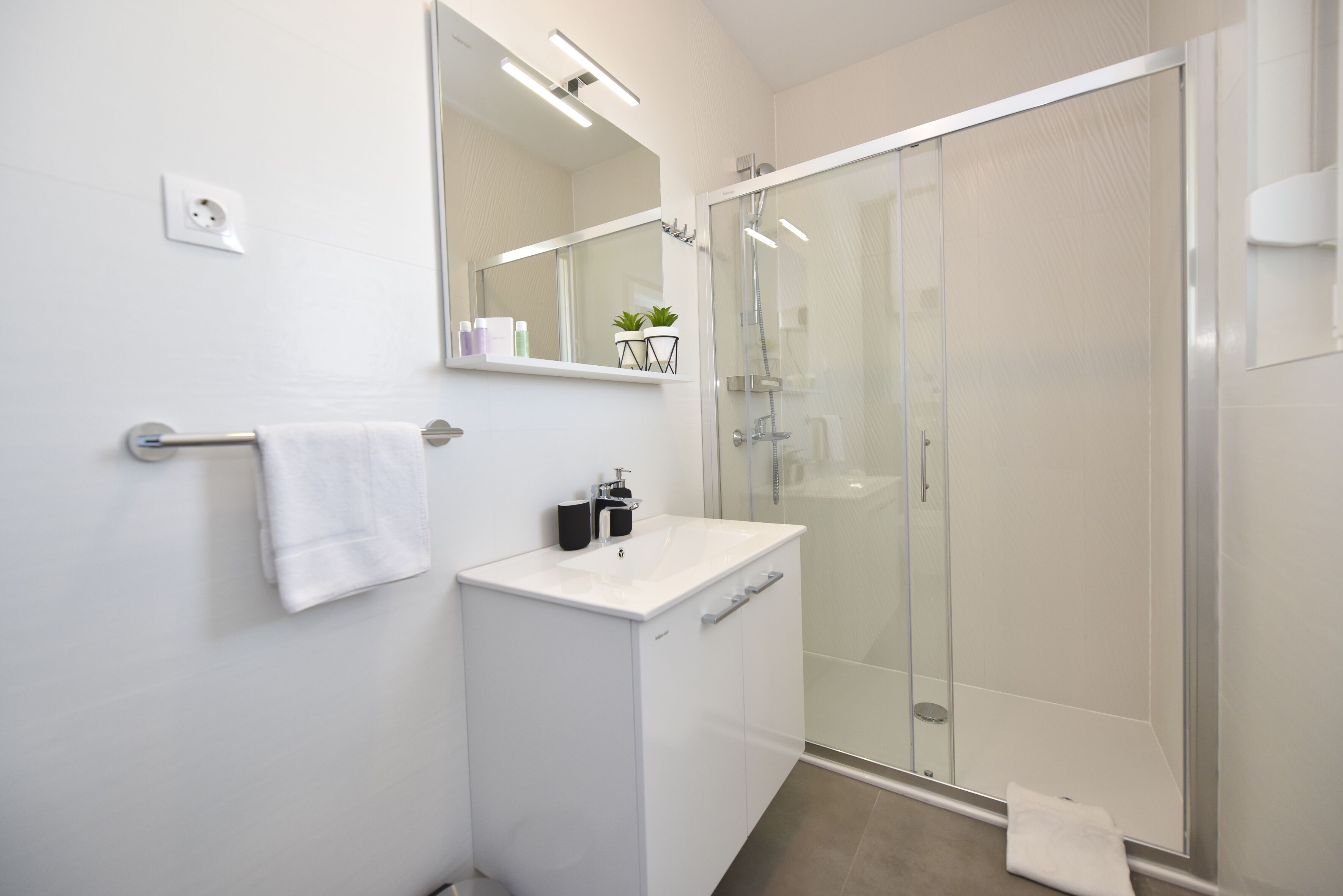 Shower, hair dryer, towels, toilet paper