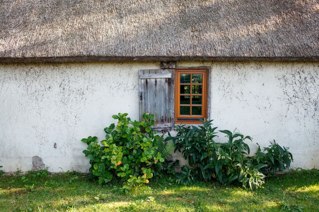 Un edificio rústico con techo de paja, una ventana pequeña con contraventanas de madera y abundante follaje en el frente.