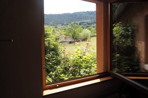 A window with a view of a green landscape, including trees and a building. - Homerez - Appt Thannenkirch, Mountain View (Thannenkirch)