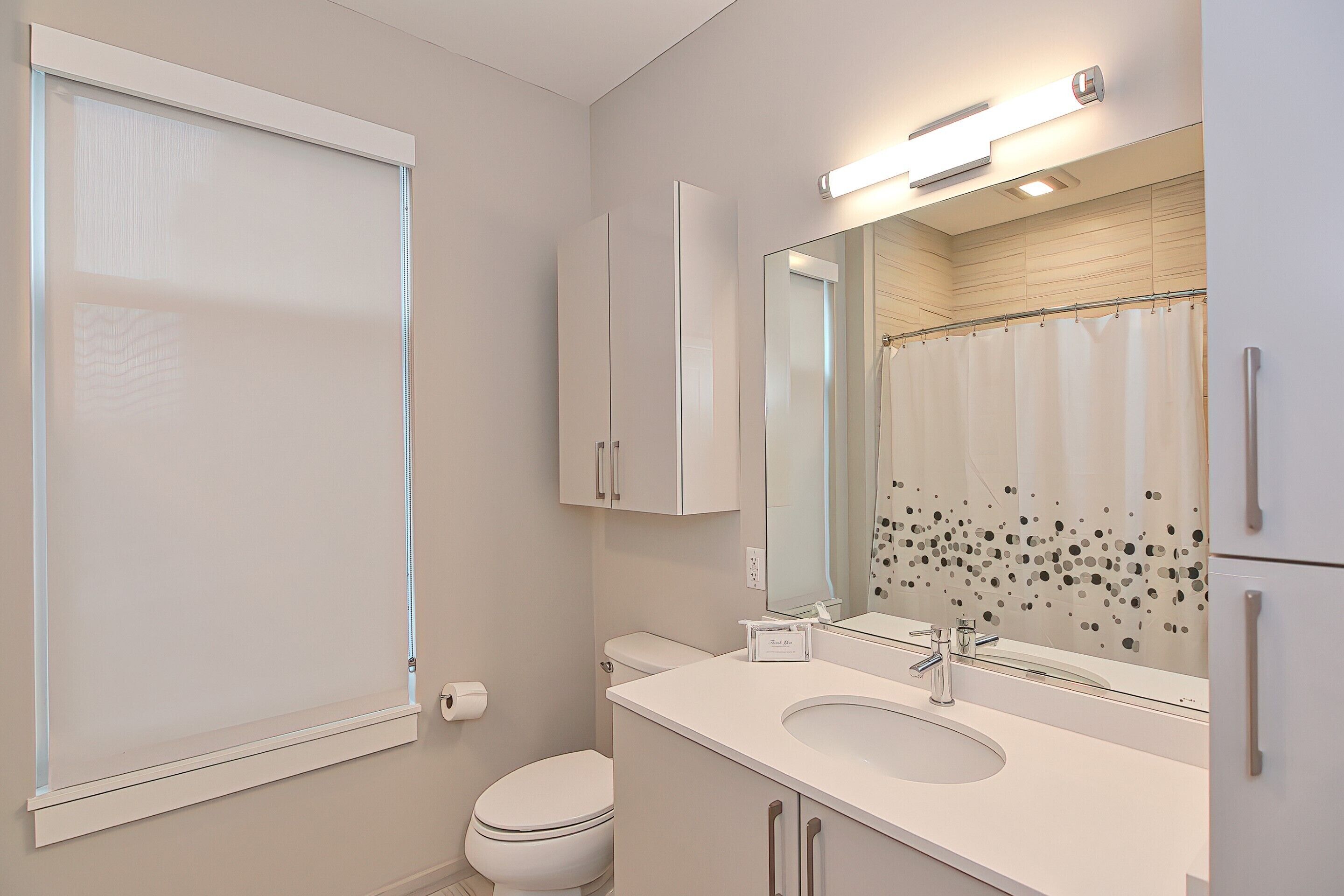 A modern bathroom with a toilet, sink, and mirror.