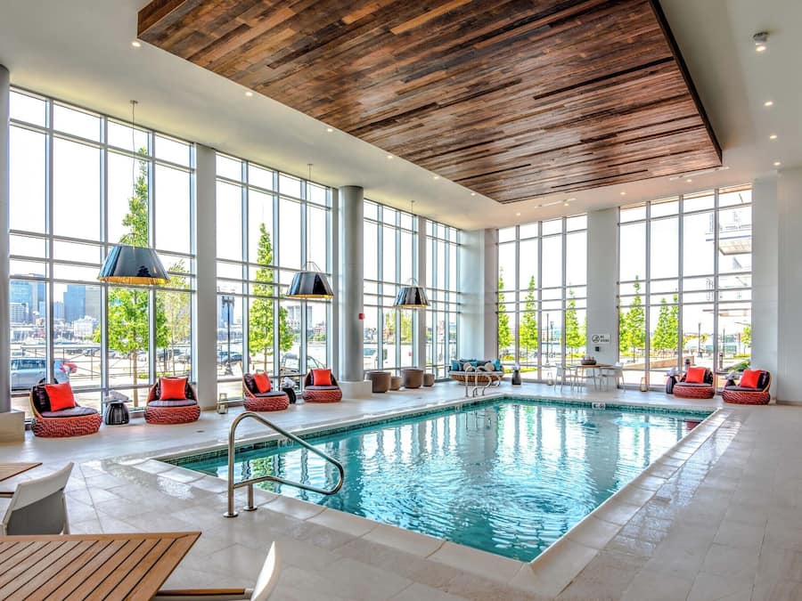 Indoor pool, pool umbrellas, sun loungers