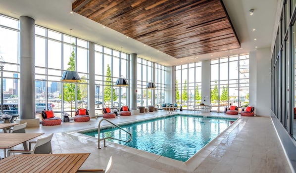 Indoor pool, pool umbrellas, sun loungers